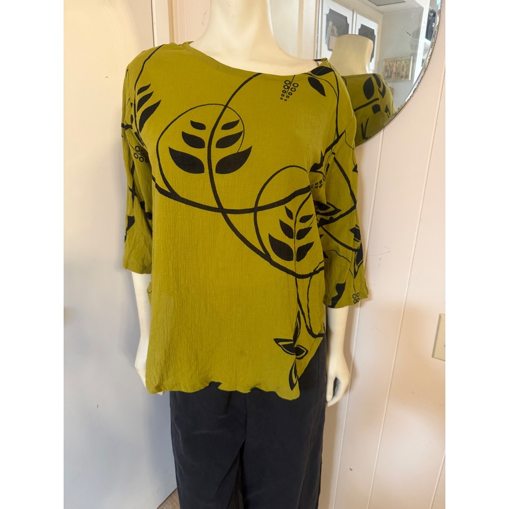 Yasuko Green Cotton Gauze Botanical Leaf Print Blouse Top M/L  Artisan
